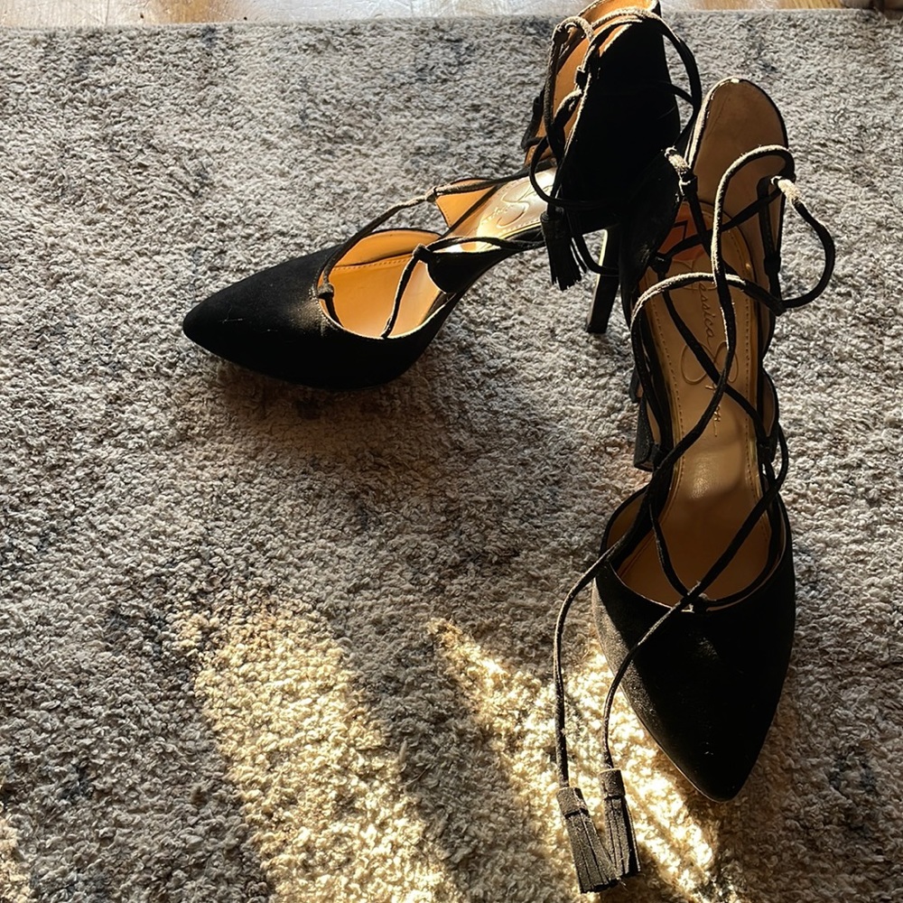Jessica Simpson black ankle tie heels